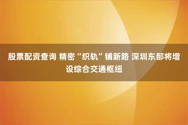 股票配资查询 精密“织轨”铺新路 深圳东部将增设综合交通枢纽
